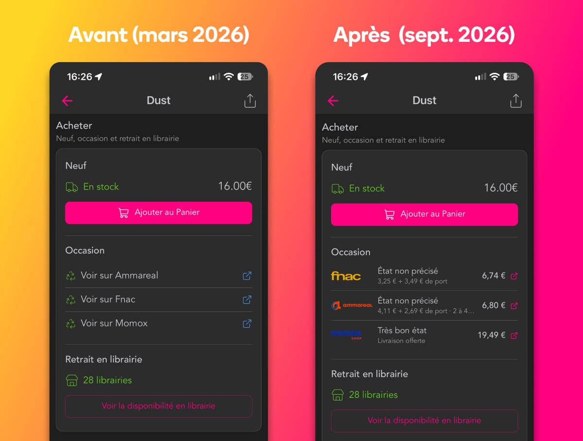 La section occasion de l'écran album de Bubble, avant (mars 2026) et après (septembre 2026)